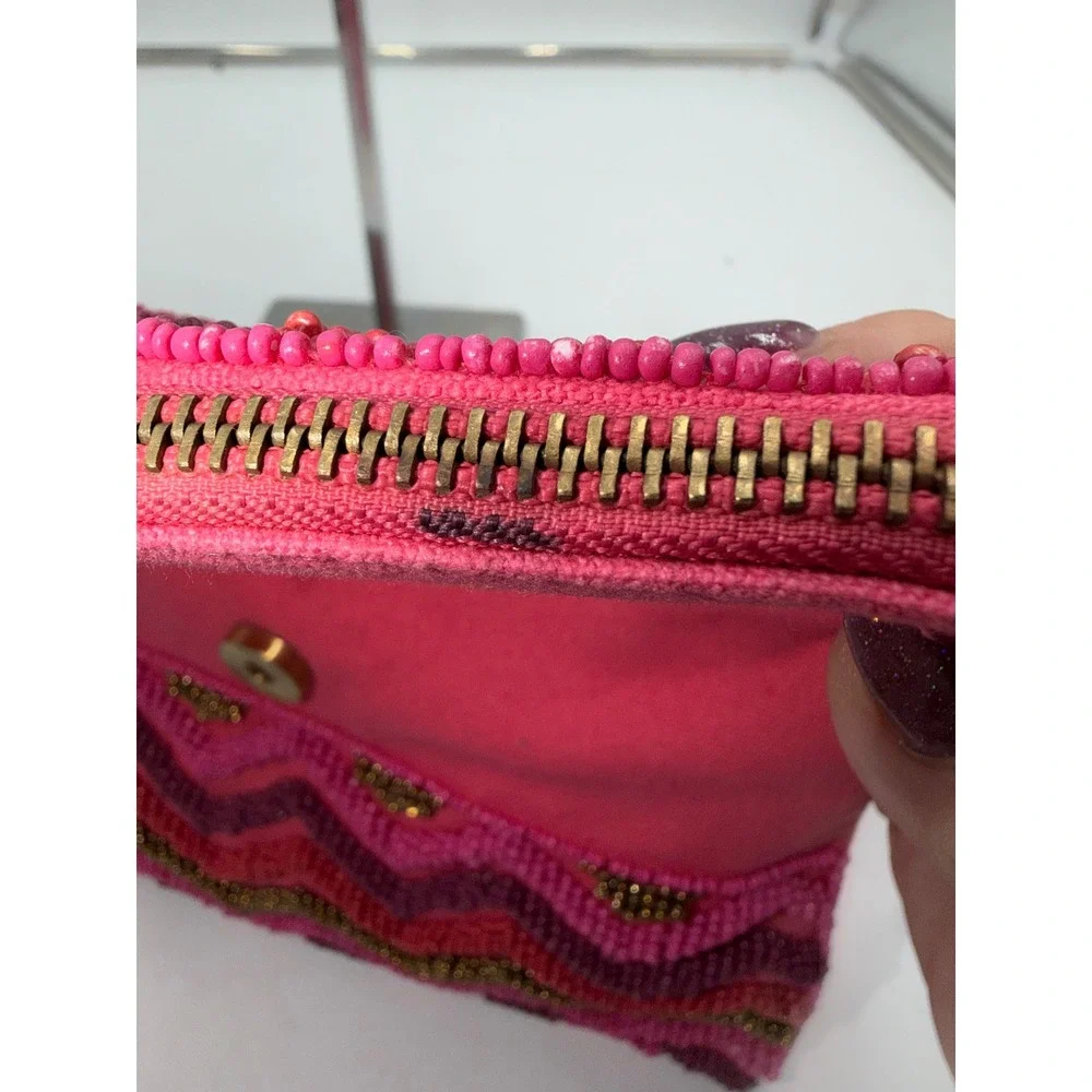 Charlie Paige Pink Beaded Chevron Foldover Clutch Bag Bohemian Cotton Canvas